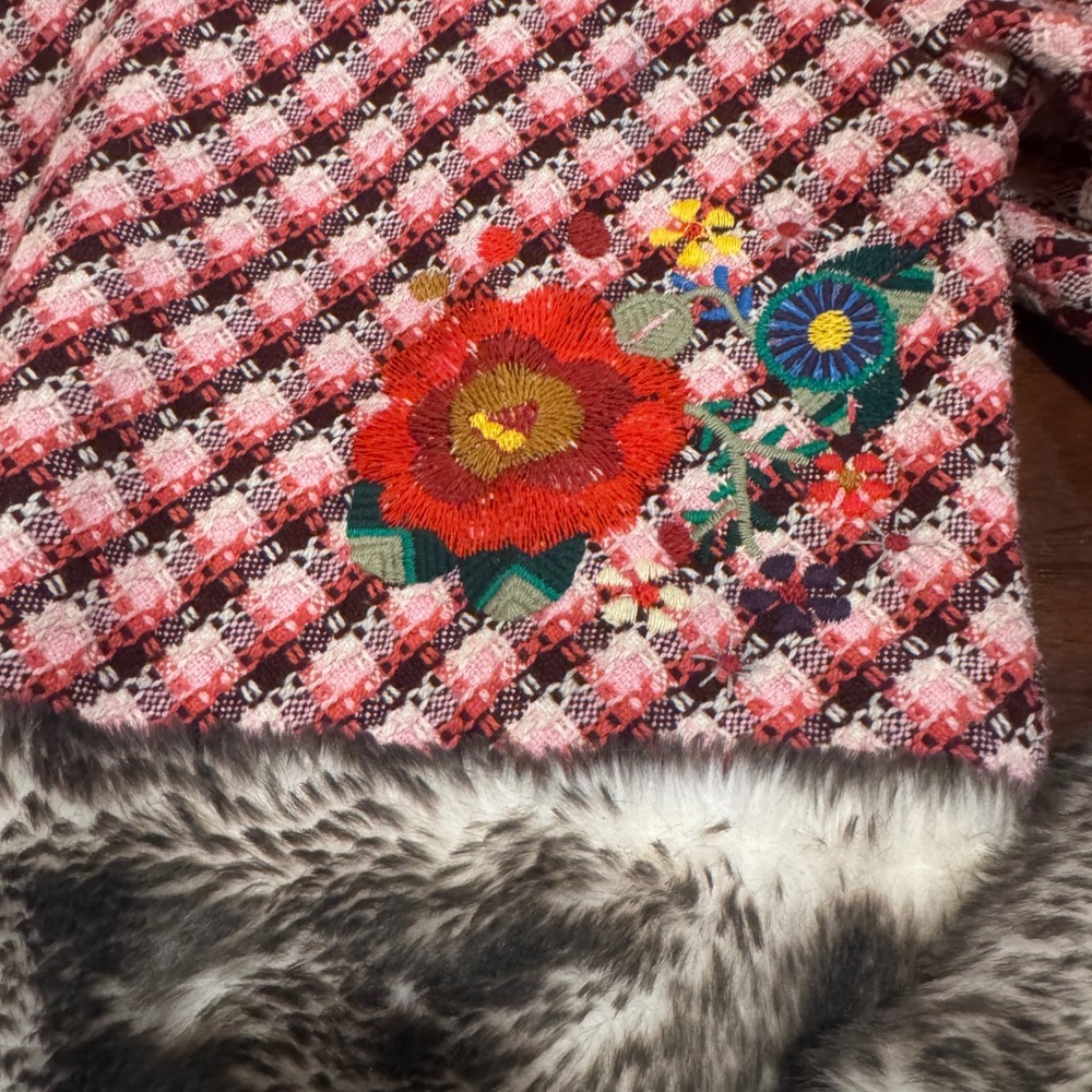 Oilily Plaid & Embroidery Faux Fur Trim Fairy Garden Whimsy Dopamine Jacket 36 - Picture 8 of 9